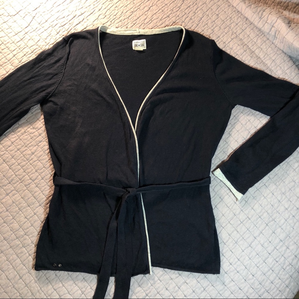 Converse navy blue tie waist cardigan wrap sweater - Picture 1 of 6